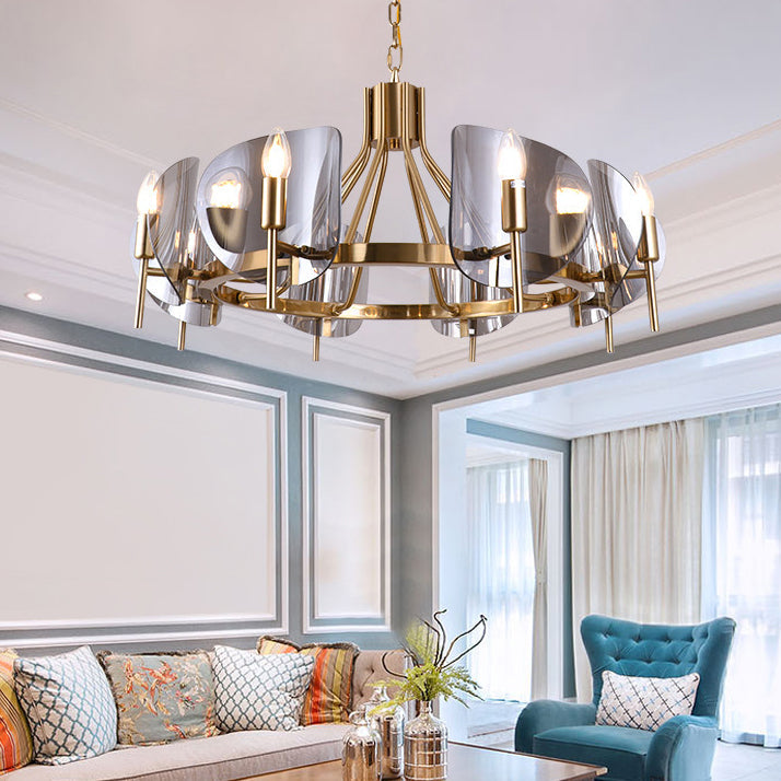 Moderner Luxus-Kronleuchter mit 6/8 Lichtern und goldenem Finish und gebogener Glasplatte für Esszimmer 
