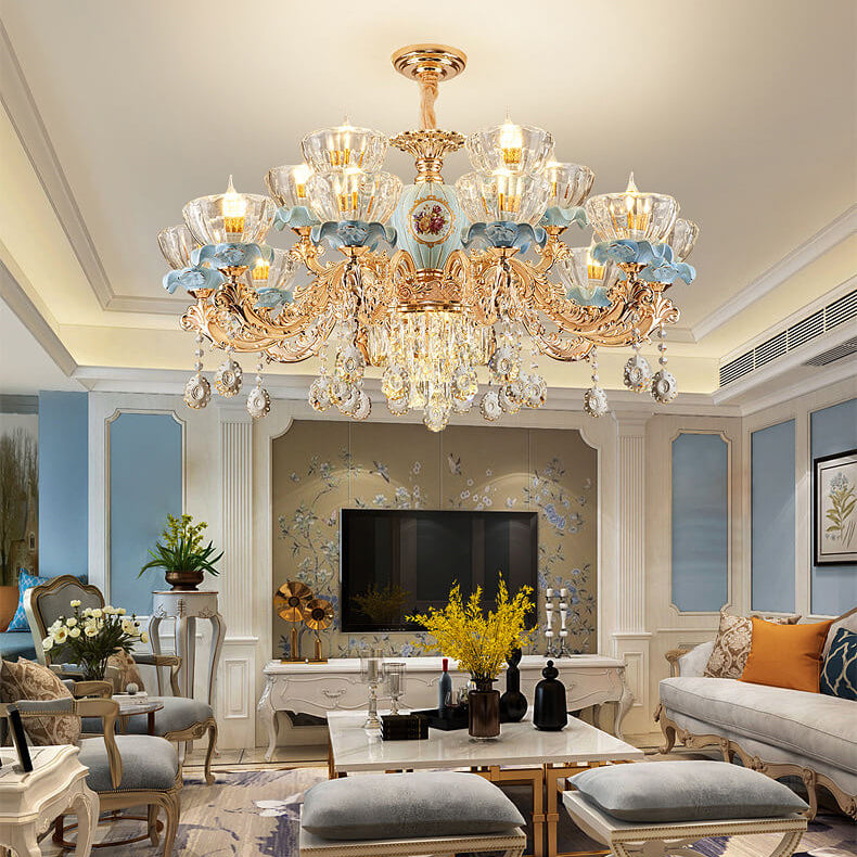 Traditional European Flower Candelabra Zinc Alloy Crystal Glass Ceramic 6/8/10/12-Light Chandelier For Living Room