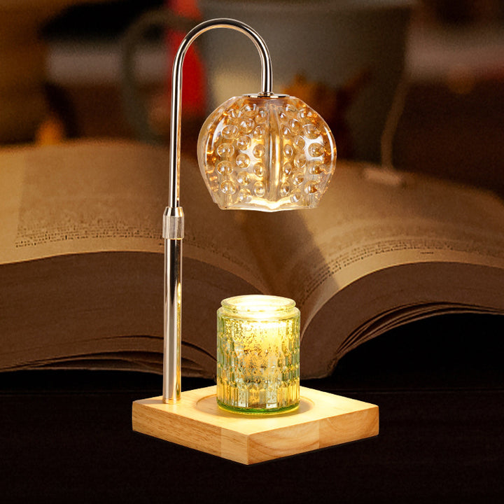 Lámpara de mesa de cera derretida de 1 luz regulable con base cuadrada y bola redonda de madera, hierro y vidrio de simplicidad moderna para mesita de noche 