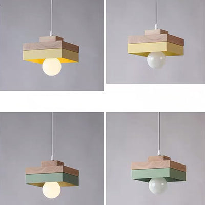 Moderne minimalistische Macaron Square Eisen Holz 1-Licht Pendelleuchte für Wohnzimmer 