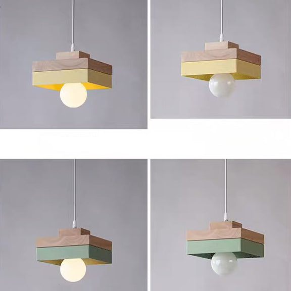 Moderne minimalistische Macaron Square Eisen Holz 1-Licht Pendelleuchte für Wohnzimmer 