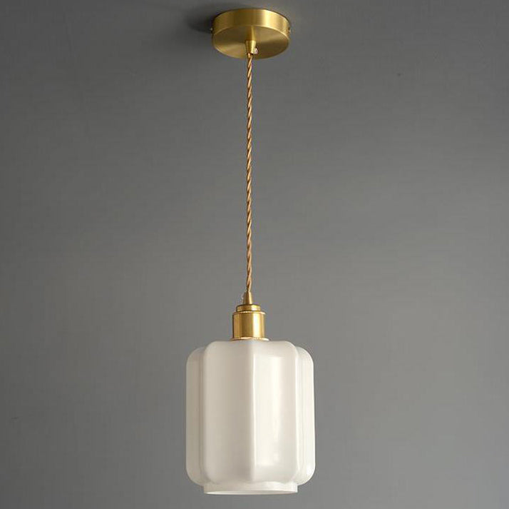 Traditional Vintage Cylindrical Brass Glass 1-Light Pendant Light For Bedroom