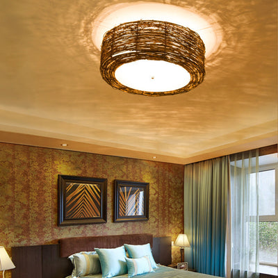 Lustre de plafond à montage affleurant avec tissage en rotin rustique traditionnel à 1 lumière pour salon 