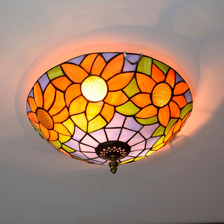 Dôme Tiffany traditionnel Tournesol Verre en fer Plafonnier à 2 lumières pour le salon 