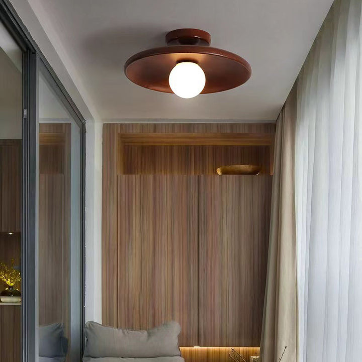 Modern Simplicity Rubberwood Glass Round 1-Light Semi-Flush Mount Ceiling Light For Hallway