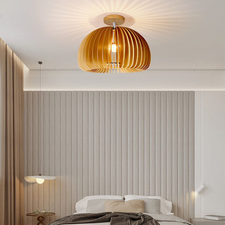 Zeitgenössische Retro-Holzkürbisform 1-Licht Semi-Flush Mount Deckenleuchte für Schlafzimmer 