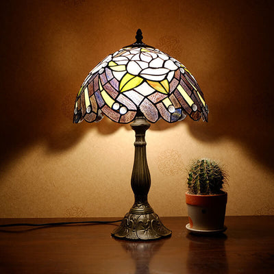 Retro Tiffany Peony Pattern Stained Glass Dome 1-Light Table Lamp