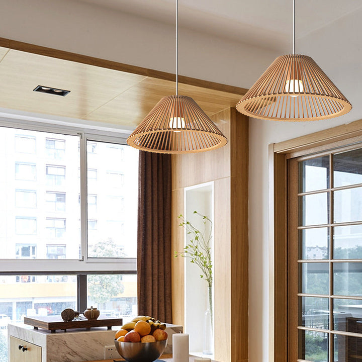 Lustre traditionnel japonais en bois trapézoïdal rond 1/2 lumière pour salle à manger 