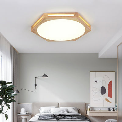 Traditional Vintage Wood Grain Hexagon Acrylic LED Flush Mount Ceiling Light For Living Room