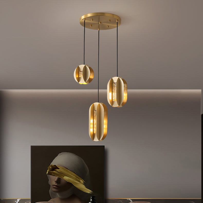 Traditional Chinese Copper Glass Cylinder Elliptical Hollow 1/3/6 Light Chandelier For Entryway