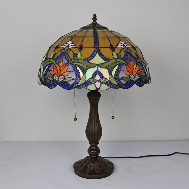 Lámpara de Mesa de 2 Luces con Base de Resina y Vidrio Tiffany Tradicional con Diseño de Pavo Real y Girasol para Estudio 