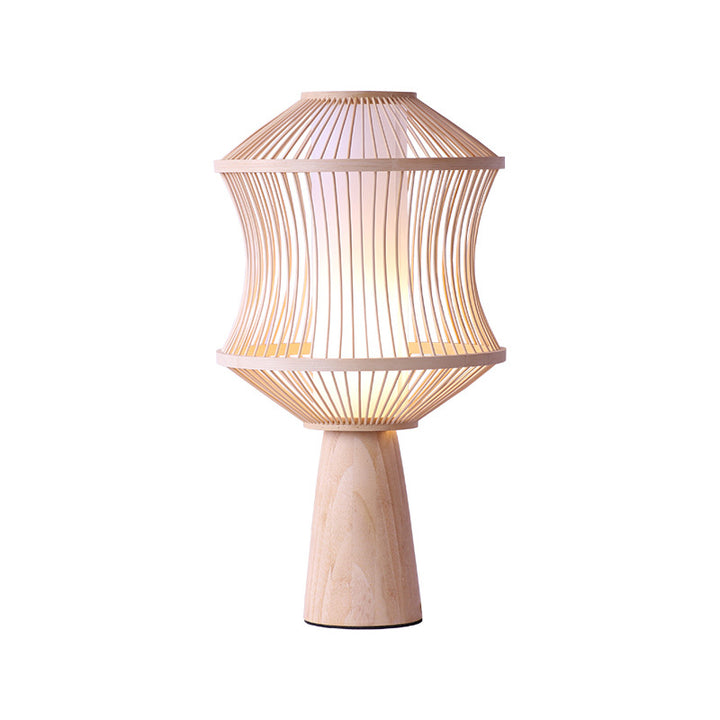 Traditional Japanese Nan Bamboo Solid Wood Geometric Cage Column 1-Light Table Lamp For Living Room &amp; Bedroom