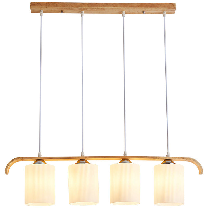 Zeitgenössischer skandinavischer langer Zylinder aus Glas und Holz mit 4 Lichtern, Inselleuchter für Wohnzimmer 