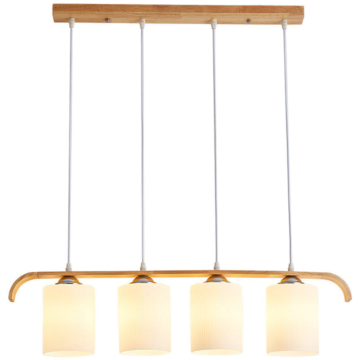 Zeitgenössischer skandinavischer langer Zylinder aus Glas und Holz mit 4 Lichtern, Inselleuchter für Wohnzimmer 