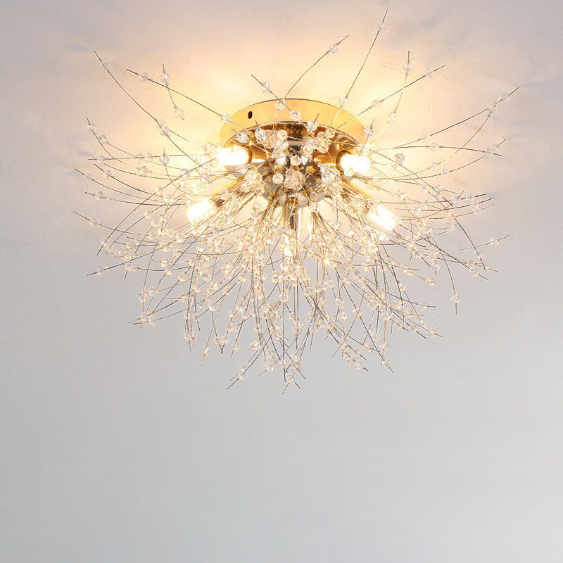 Modern Art Deco Crystal Beads Dandelion Aluminum Strip Shape 4/5/6/8-Light Semi-Flush Mount Ceiling Light For Living Room