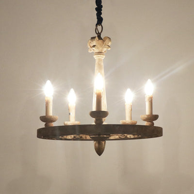 Candelabro redondo de hierro con 6 luces de estilo rústico de granja con madera envejecida para sala de estar 