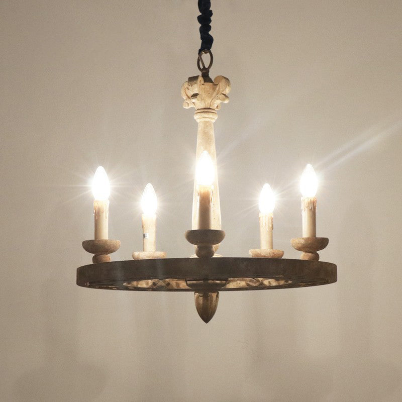 Candelabro redondo de hierro con 6 luces de estilo rústico de granja con madera envejecida para sala de estar 