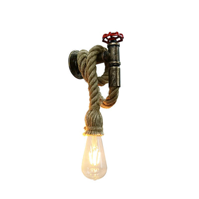 Vintage Industrial Hemp Rope Rust Plumbing 1-Light Wall Sconce Lamp