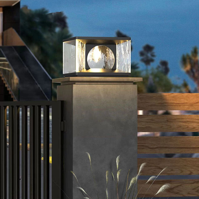 Moderno Minimalista Solar Impermeable Rectángulo Acero Inoxidable Vidrio LED Poste Luz de Cabeza Para Patio Exterior 