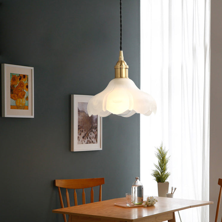 Traditionelle japanische runde Blumen-Pendelleuchte aus Messing und Glas, 1 Licht, für Wohnzimmer 