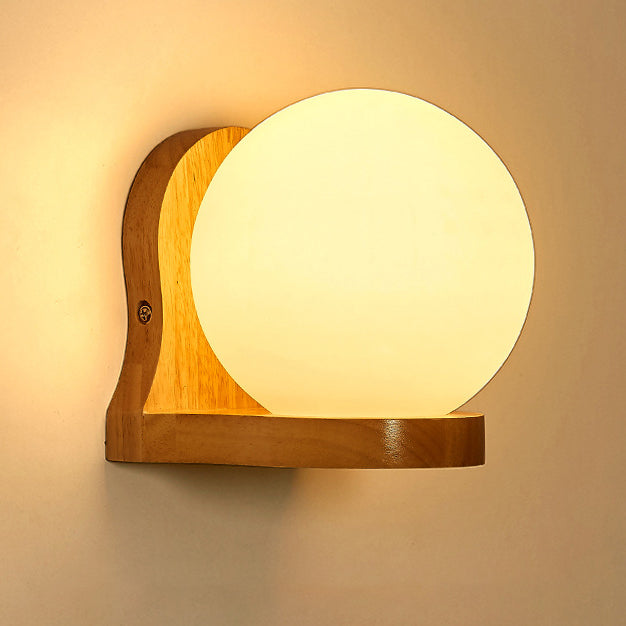 Lámpara de Aplique de Pared de 1 Luz de Madera y Vidrio en Forma de Orbe Minimalista Moderna para Dormitorio 