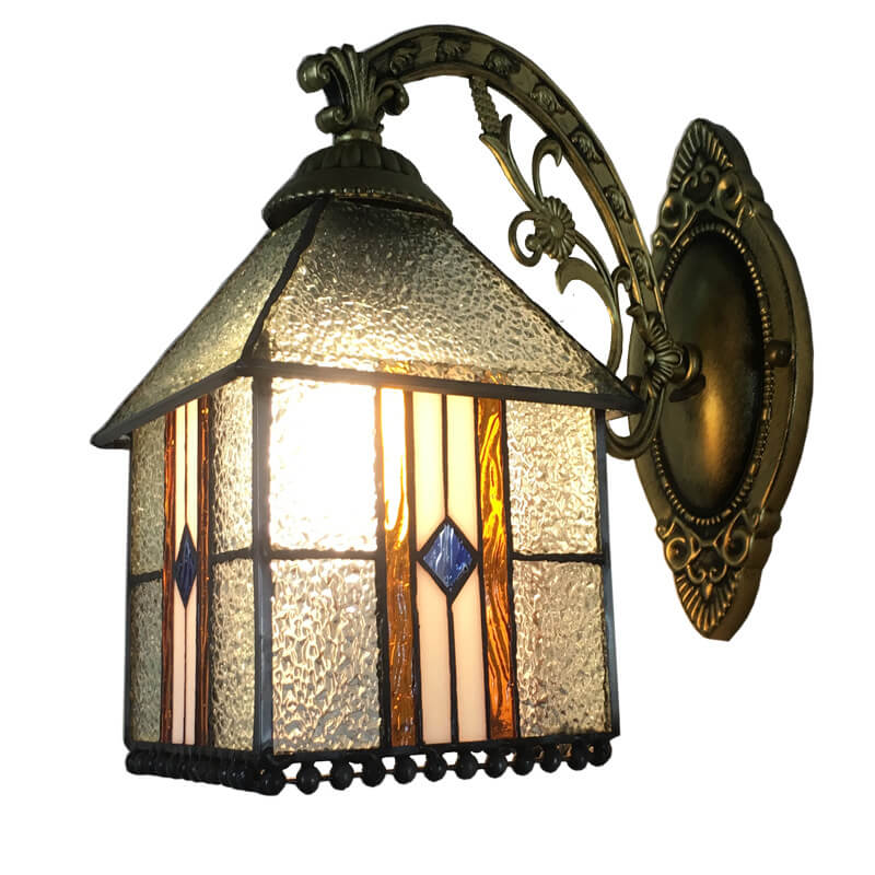 Traditional Tiffany Square House Iron Stained Glass 1-Light Wall Sconce Lamp For Living Room