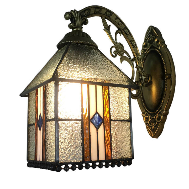 Traditional Tiffany Square House Iron Stained Glass 1-Light Wall Sconce Lamp For Living Room