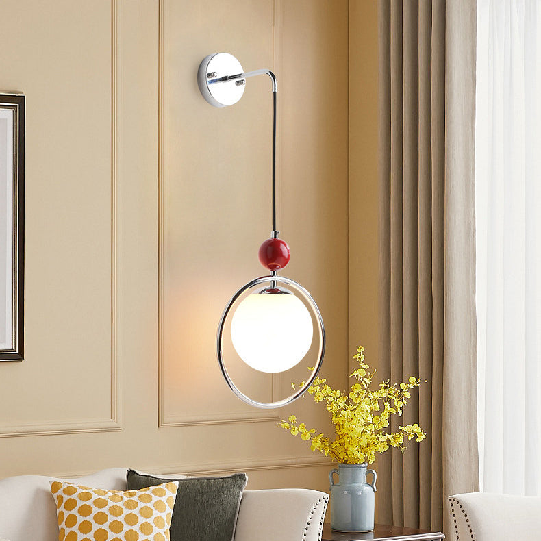 Abat-jour en verre créatif contemporain en forme de boule avec anneau en fer, suspension à 1 lumière pour le salon 