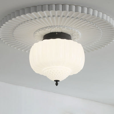 Modern Art Deco Iron Pumpkin Glass Shade 3-Light Flush Mount Ceiling Light For Living Room