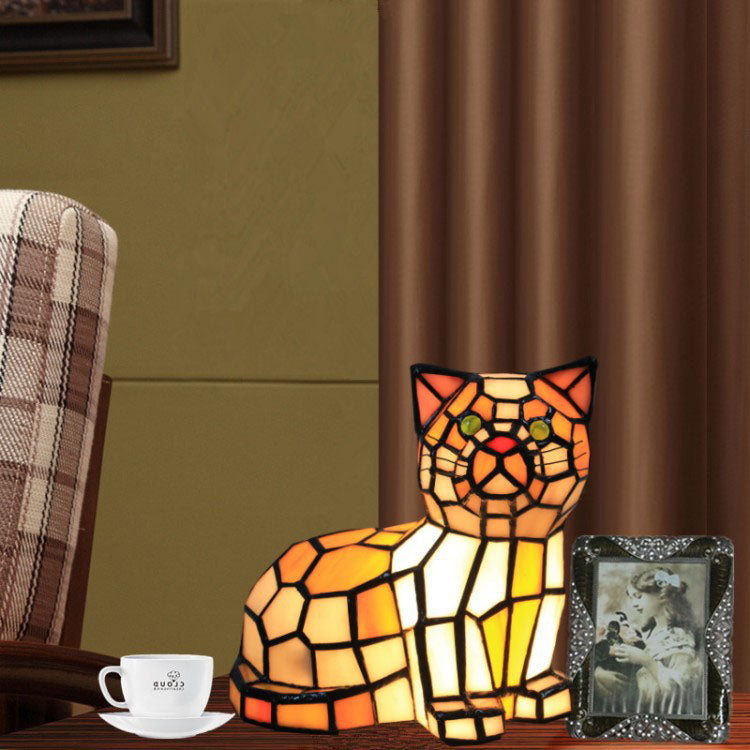 Traditional Tiffany Stained Glass Cat 1-Light Table Lamp For Bedroom