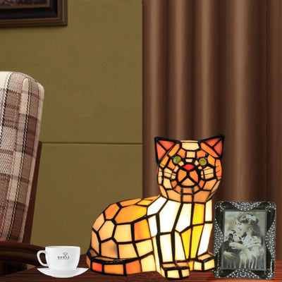 Lámpara de mesa de 1 luz con diseño de gato de vidrio Tiffany tradicional para dormitorio 