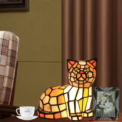 Traditional Tiffany Stained Glass Cat 1-Light Table Lamp For Bedroom