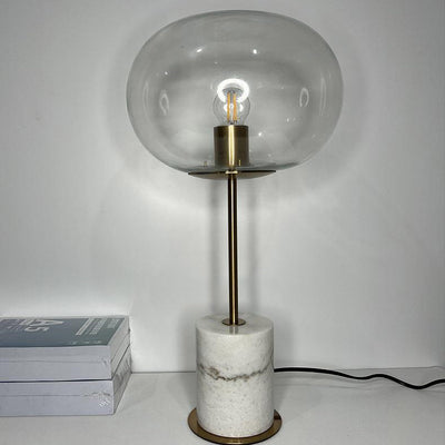 Moderne minimalistische runde Kugelzylinder-Marmorsockel-Eisenglas-1-Licht-Tischlampe für Wohnzimmer 