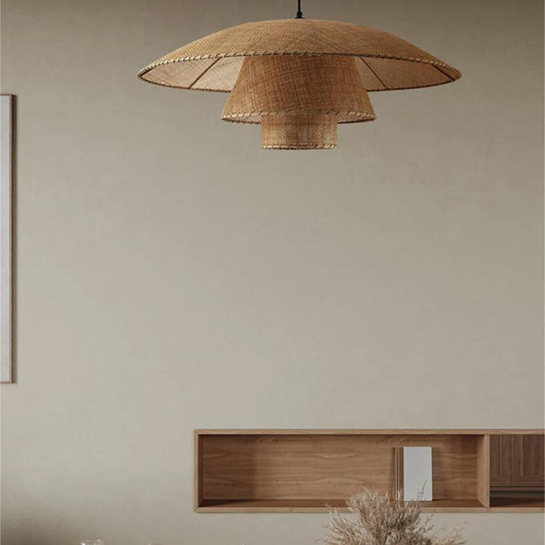 Traditioneller japanischer dreifacher runder Rattan-Kronleuchter mit 1 Licht für Wohnzimmer 