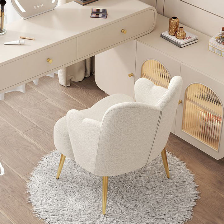Modern Minimalist Cream Curve Sherpa Fabric Metal Vanity Stool Backrest Arm For Bedroom