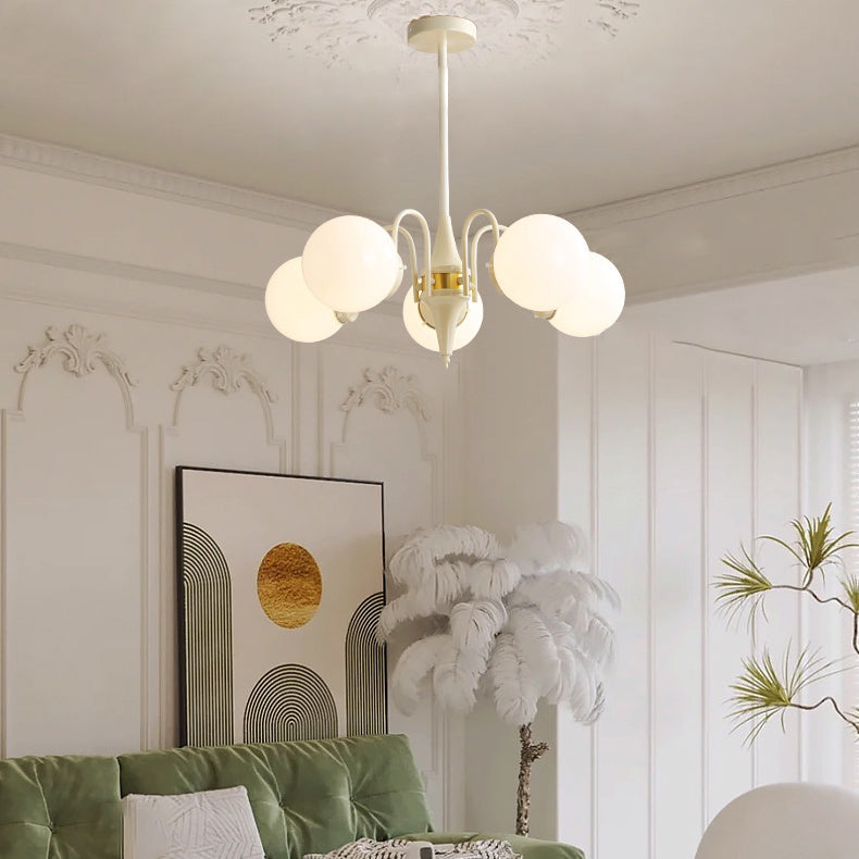 Lustre contemporain rétro à branches courbées avec tige ronde et boules en fer et verre 3/5 lumières pour salon 
