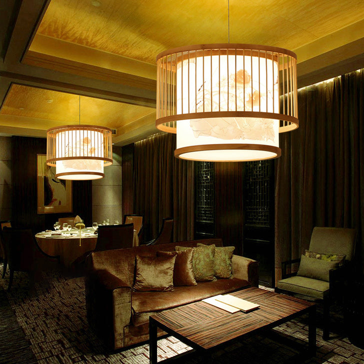 Traditionelle chinesische Bambusweberei Stoff Runde 1-Licht Pendelleuchte für Esszimmer 