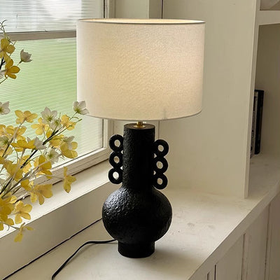 Lampe de table à 1 lumière avec base en résine et pichet en tissu à tambour japonais traditionnel pour chambre à coucher 