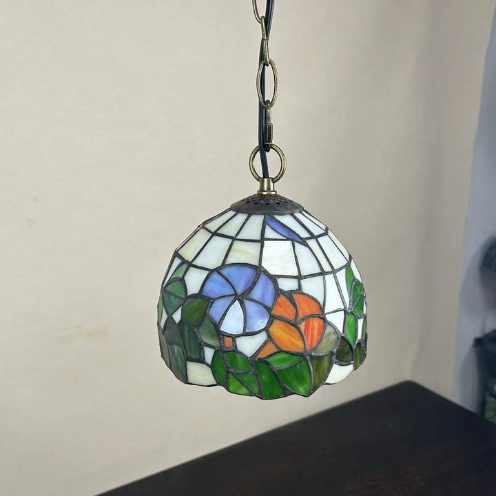 Traditionelle Tiffany Runde Kuppel Petunia Barock Zink Buntglas 1-Licht Pendelleuchte für Wohnzimmer 