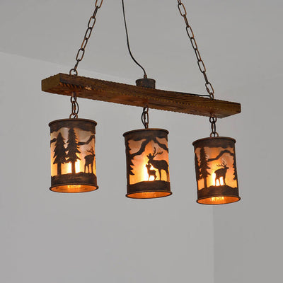 Industrial Retro Creative Long Strip Wood Cylinder Lampshade 3/5-Light Chandelier