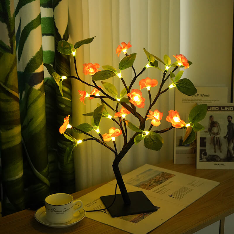 Modern Art Deco Simulation Peach Blossom Tree Green LED Tree Decoration Table Lamp For Bedroom