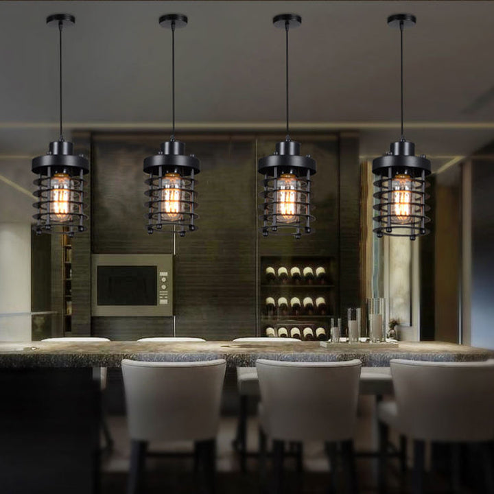 Contemporary Industrial Openwork Cylinder Iron 1-Light Pendant Light For Living Room