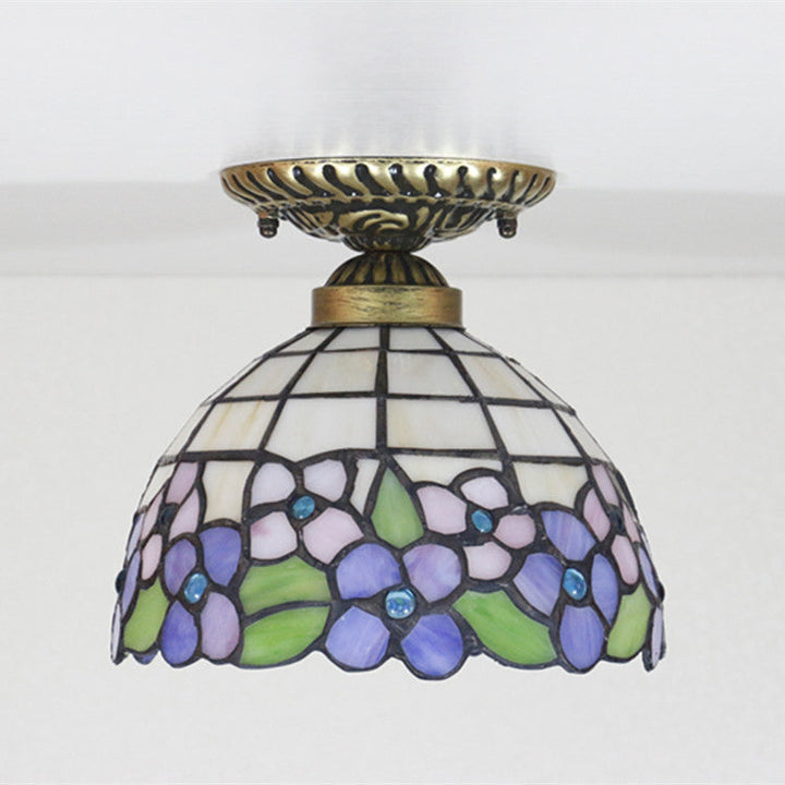 Traditionelle, pastorale Tiffany-Deckenleuchte mit violetter Blume und Buntglas in Schalenform mit einer Lampe und halbbündiger Montage für das Wohnzimmer 