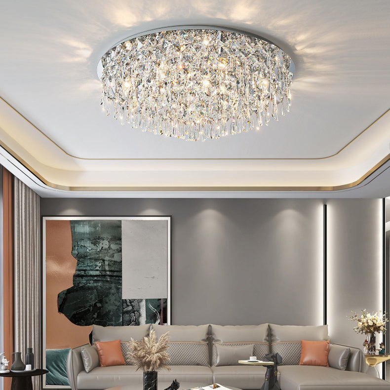 Luxe contemporain Éblouissant chaînes de cristal prismatiques Cadre rond en acier inoxydable Plafonnier encastré à 2/6/8 lumières pour salon 