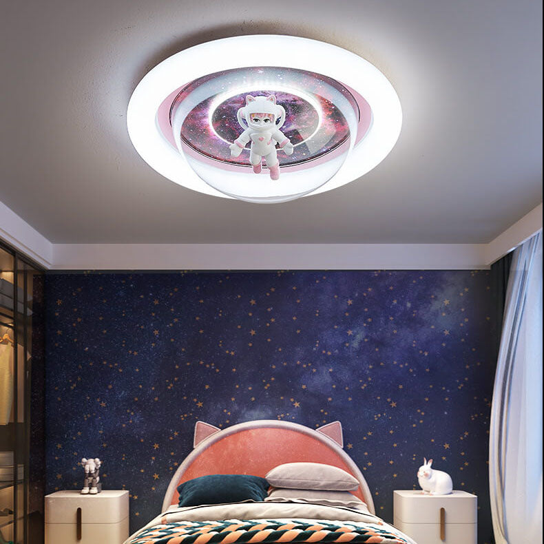 Contemporary Creative Cartoon Pink Astronaut Unicorn Round Acrylic Resin LED Flush Mount Ceiling Light For Bedroom
