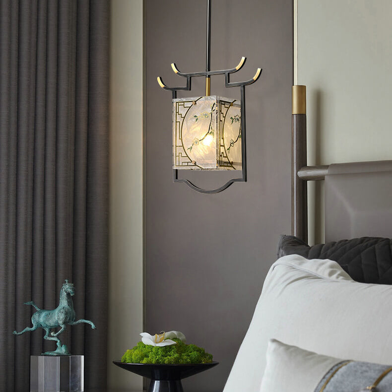 Lustre suspendu à 1 lumière en cuivre lucite émaillé quadrilatère chinois traditionnel pour salon 