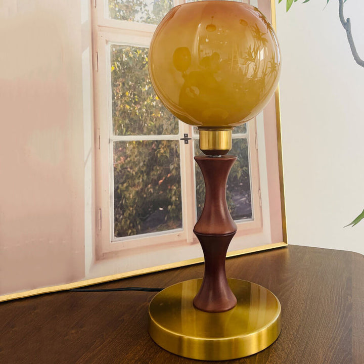 Französische Vintage Kugelglas Holz 1-Licht Tischlampe 