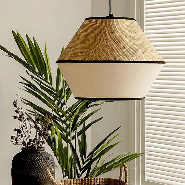 Suspension lumineuse à 1 lumière en tissu de fer trapézoïdal conique cylindrique japonais traditionnel pour salle à manger 