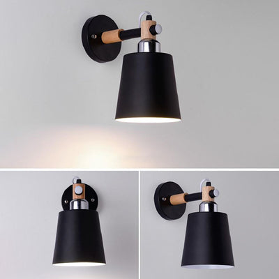Contemporary Scandinavian Cylindrical Wooden Iron 1-Light Wall Sconce Lamp For Bedroom