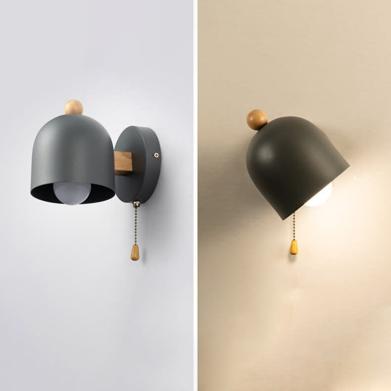 Applique murale 1 lumière avec abat-jour en dôme simple nordique et cordon de tirage en bois 